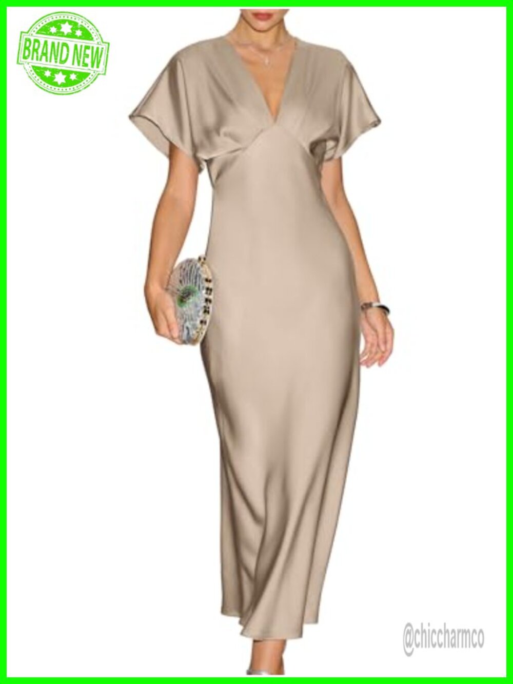 Satin Midi Dress V Neck A-Line Formal Cocktail Wedding Guest